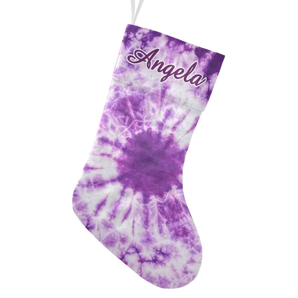 CUXWEOT Personalized Abstract Tie Dye Swirl Purple Christmas Stockings Customize Name Candy Bag for Family Holiday Party Decorations Gift 17.52 x 7.87 Inch