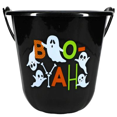 Bags n Tags Boutique~ Printed Loot Buckets For Halloween 12.15 x 9 Inches With Bonus Mini Pumpkin Flashlight W/Rope (Black, Ghost Design "Boo Yah")