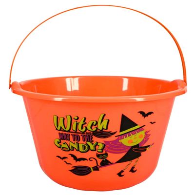 Bags n Tags Boutique~ Printed Loot Buckets For Halloween 12.15 x 9 Inches With Bonus Mini Pumpkin Flashlight W/Rope (Orange, Jack O Lantern "Witch Way To The Candy?")