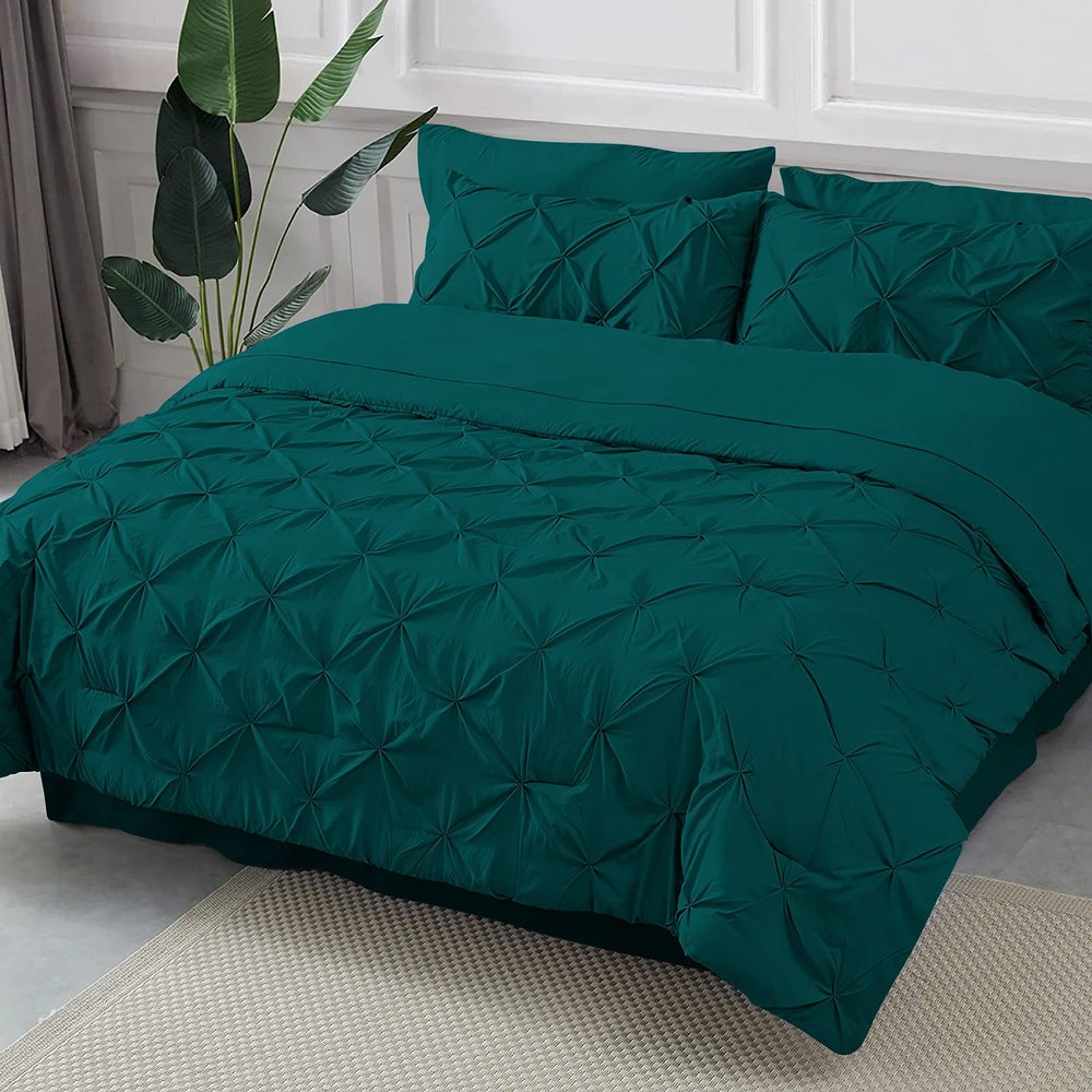 Epic Cotton Pinch Pleated Bedding Comforter Sets for Queen Bed - 8 Pieces Pintuck Bed in a Bag, Teal Color, Comforters, Sheets, Bedskirt, Pillowcases & Shams - 24" Deep Pocket