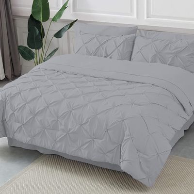 Epic Cotton Pinch Pleated Bedding Comforter Sets for Cal-King Bed - 8 Pieces Pintuck Bed in a Bag, Silver Color, Comforters, Sheets, Bedskirt, Pillowcases & Shams - 24" Deep Pocket