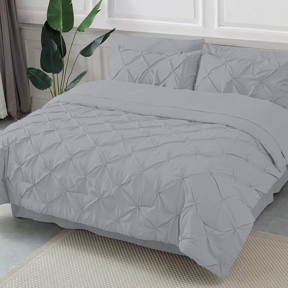 Epic Cotton Pinch Pleated Bedding Comforter Sets for Cal-King Bed - 8 Pieces Pintuck Bed in a Bag, Silver Color, Comforters, Sheets, Bedskirt, Pillowcases & Shams - 24" Deep Pocket