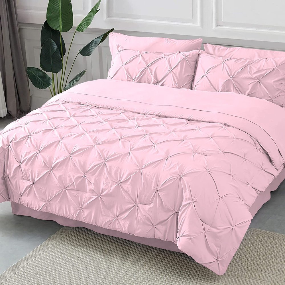 Epic Cotton Pinch Pleated Bedding Comforter Sets for Twin Bed - 8 Pieces Pintuck Bed in a Bag, Baby Pink Color, Comforters, Sheets, Bedskirt, Pillowcases & Shams - 24" Deep Pocket