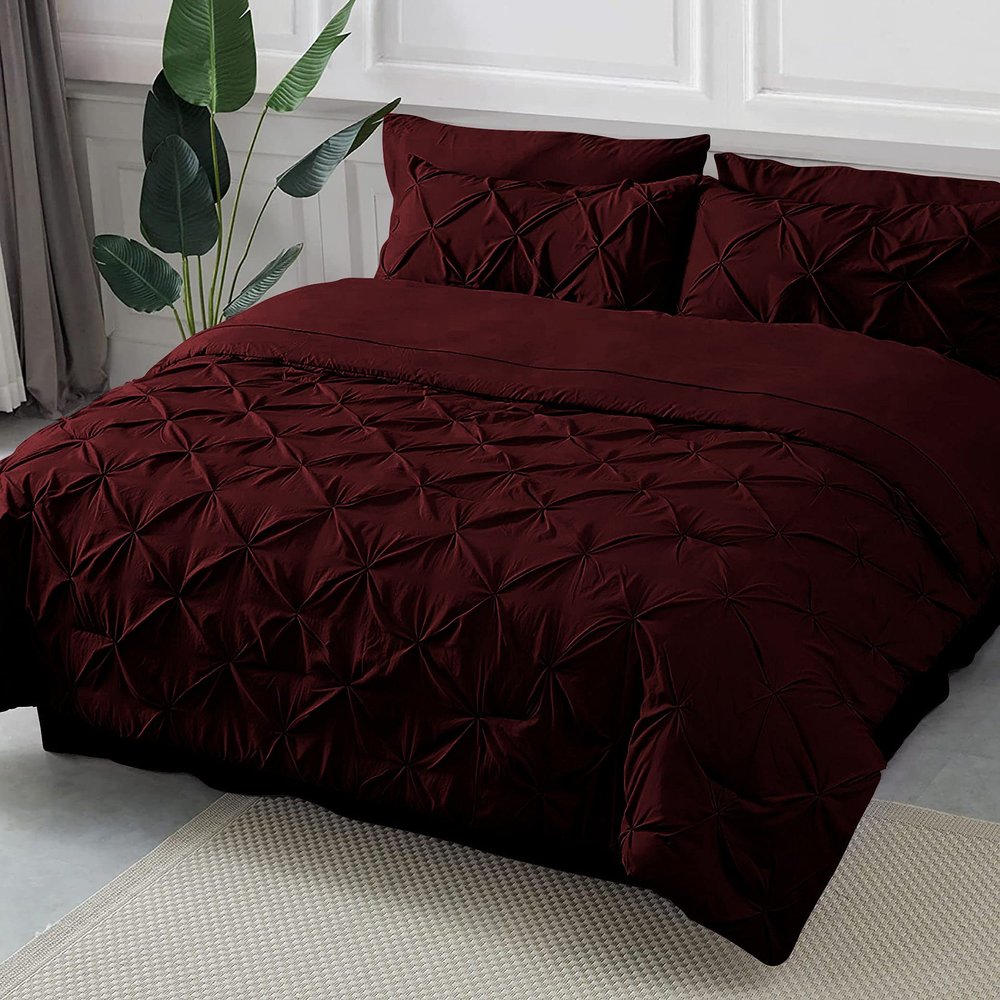 PG Beddings Pinch Pleated Bedding Comforter Sets for Queen Bed - 8 Pieces Pintuck Bed in a Bag, Wine Color, Comforters, Sheets, Bedskirt, Pillowcases & Shams - 24" Deep Pocket