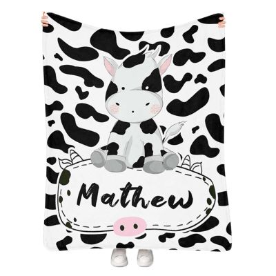 Artsadd Custom Cow Print Blanket with Name Personalized Baby Blankets for Boys Girls with Black White Cow Print Throw Blanket Customized Fleece Blankets Birthday for Kids 40"x50"