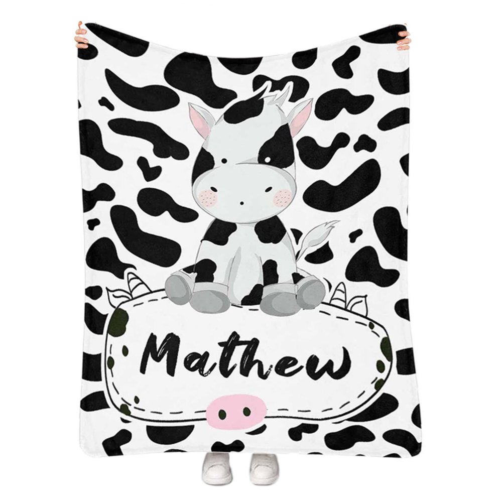 Artsadd Custom Cow Print Blanket with Name Personalized Baby Blankets for Boys Girls with Black White Cow Print Throw Blanket Customized Fleece Blankets Birthday for Kids 40"x50"