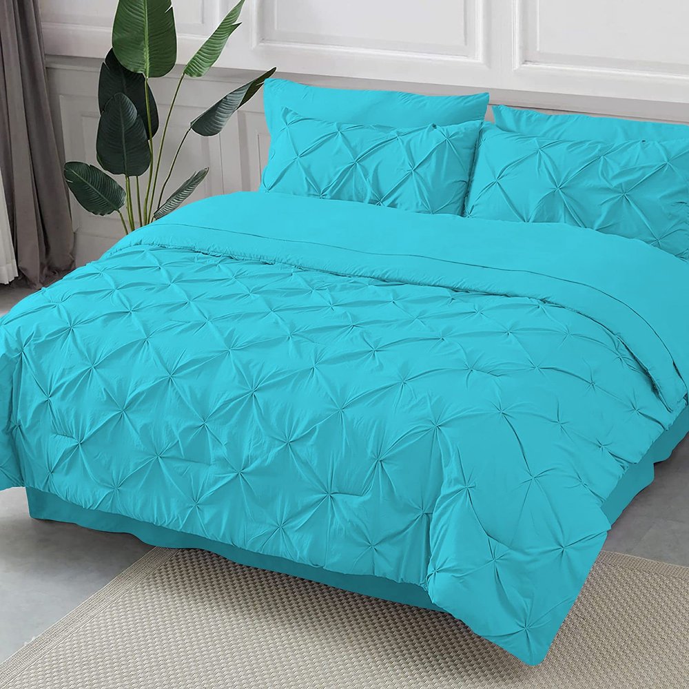 Epic Cotton Pinch Pleated Bedding Comforter Sets for Queen Bed - 8 Pieces Pintuck Bed in a Bag, Turquoise Blue Color, Comforters, Sheets, Bedskirt, Pillowcases & Shams - 24" Deep Pocket