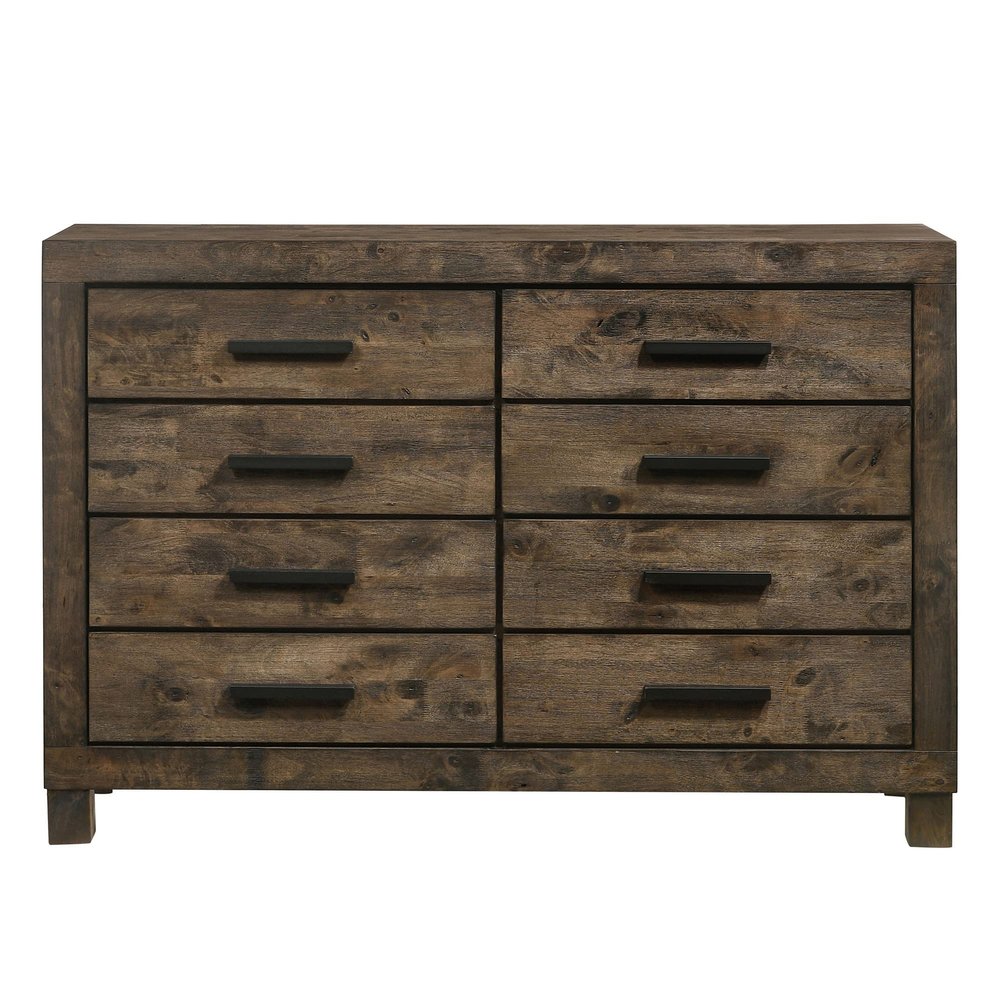 Benjara Wooden Dresser with 8 Drawers and Grain Details, Brown