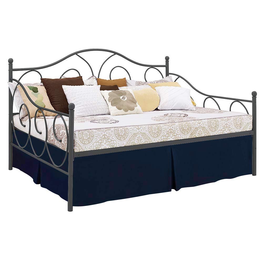 Kings Loft Twin Size Tailored Pleated Daybed Skirt 100% Egyptian Cotton 800 TC, 15 Inch Deep Pocket with Split Corners for Day Beds, Easy Fit, Three Side Coverage, Solid Navy Blue