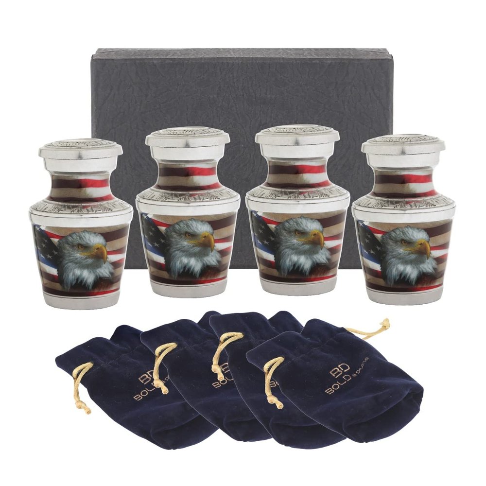 Small Urns for Human Ashes Adult Male or Female | Set of 4 | American Flag Decorative Mini Urns for Veteran or Patriotic with Black Gift Box