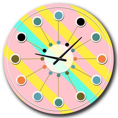 DesignQ Mid-Century Modern Wall Clock 'Memphis Retro Neon Pattern' Yellow Round Wall Clock for Kitchen Decor