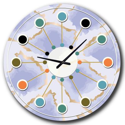 DesignQ Mid-Century Modern Wall Clock 'Pastel Blue and Gold Abstract Shapes Pattern' Purple Round Wall Clock for Kitchen Decor