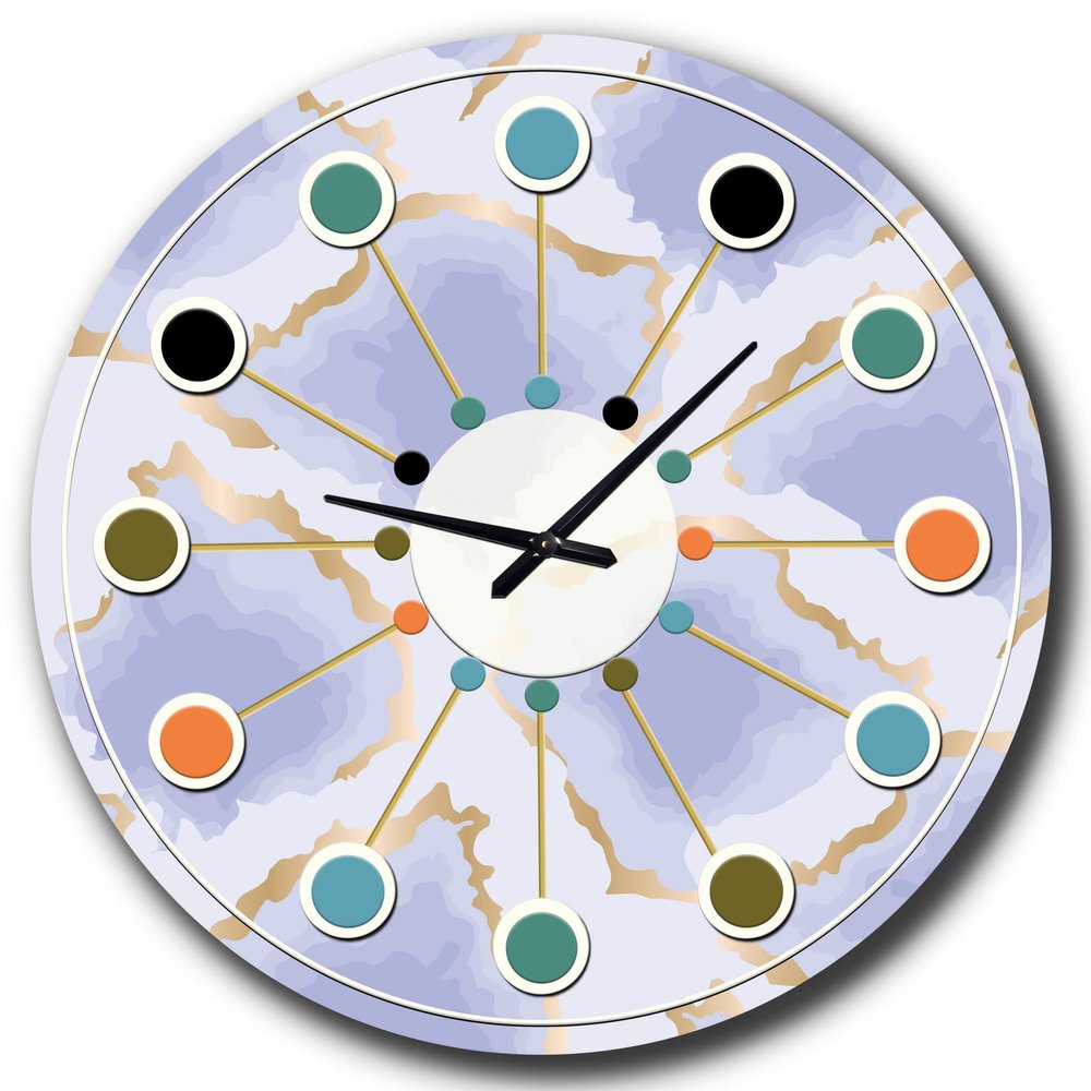 DesignQ Mid-Century Modern Wall Clock 'Pastel Blue and Gold Abstract Shapes Pattern' Purple Round Wall Clock for Kitchen Decor
