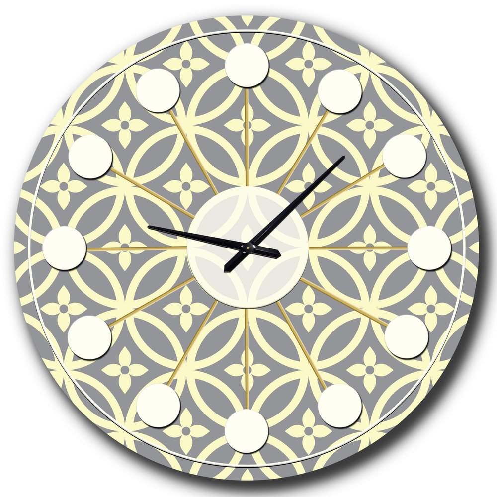 DesignQ Mid-Century Modern Wall Clock 'Retro Ornamental Pattern II' Green Round Wall Clock for Living Room Decor