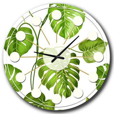 DesignQ Mid-Century Modern Wall Clock 'Tropical Palm Leaves II' Green Round Wall Clock for Home Decor