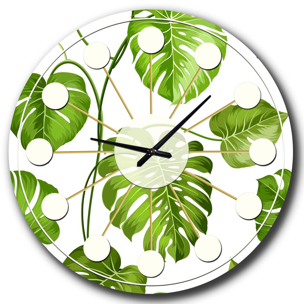 DesignQ Mid-Century Modern Wall Clock 'Tropical Palm Leaves II' Green Round Wall Clock for Home Decor
