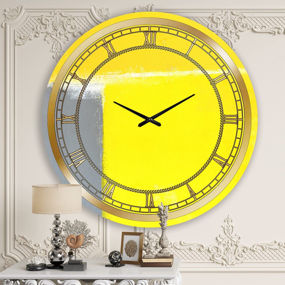 DesignQ Modern Wall Clock 'Grey and Yellow Blue Abstract IX' Abstract Large Wall Clock for Living Room Decor