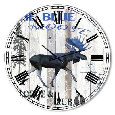 DesignQ Cottage Wall Clock 'The Blue Moose' Blue Round Wall Clock for Kitchen Decor