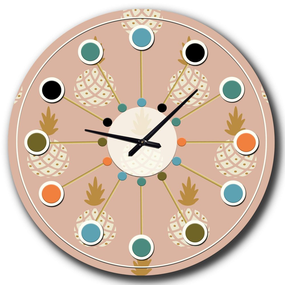 DesignQ Mid-Century Modern Wall Clock 'Pineapple Summer Bliss VII' Pink Round Wall Clock for Kitchen Decor