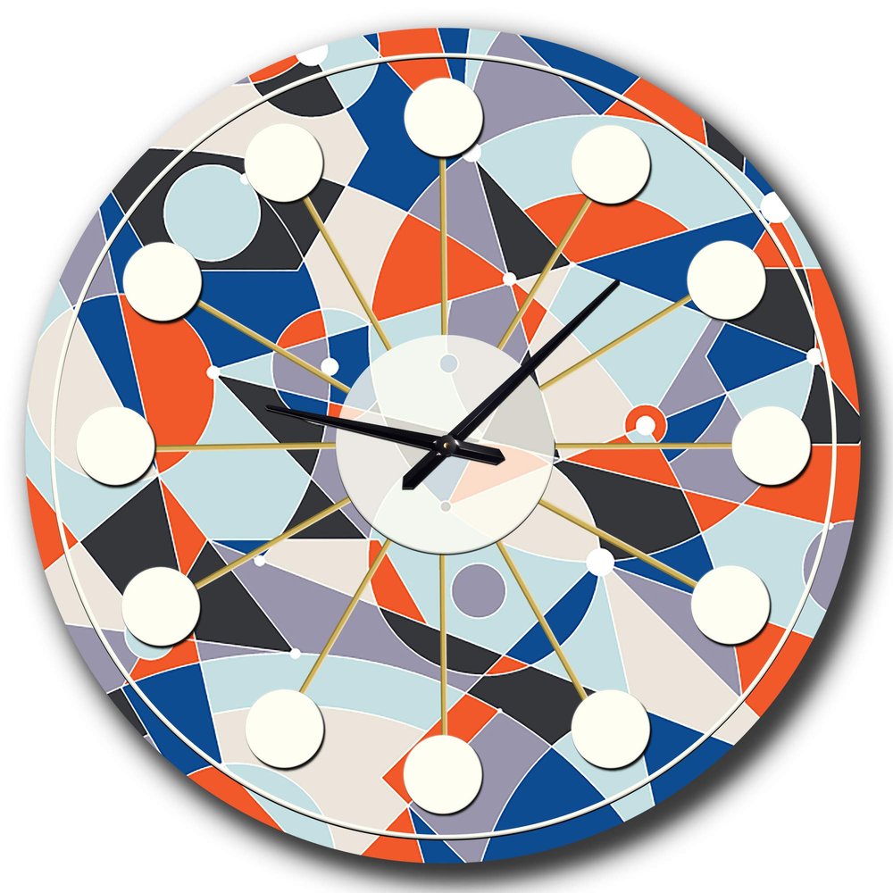 DesignQ Mid-Century Modern Wall Clock 'Retro Geometric Grid IV' Orange Round Wall Clock for Living Room Decor