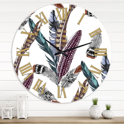 DesignQ Bohemian & Eclectic Wall Clock 'Colourful Boho Feather Set V' Animals Large Wall Clock for Bedroom Decor