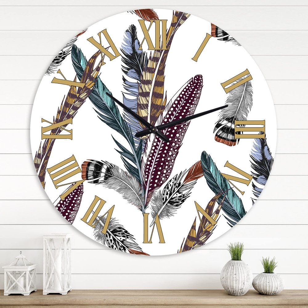 DesignQ Bohemian & Eclectic Wall Clock 'Colourful Boho Feather Set V' Animals Large Wall Clock for Bedroom Decor