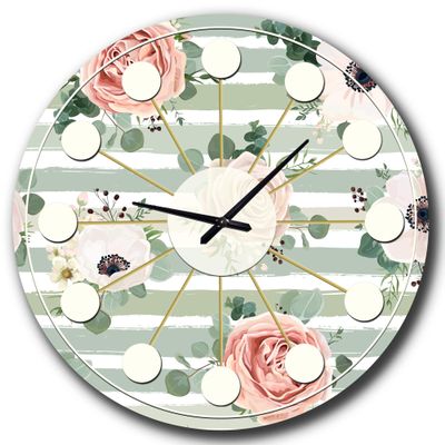 DesignQ Mid-Century Modern Wall Clock 'Floral Retro Pattern II' Blue Round Wall Clock for Home Decor