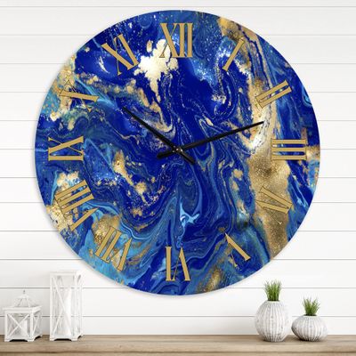DesignQ Modern Wall Clock 'Gold and Blue Marbled Rippled Texture II' Large Wall Clock for Kitchen Decor