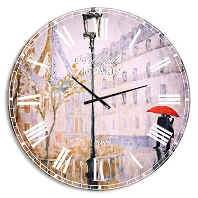 DesignQ French Country Wall Clock 'Love in Paris V' Beige Round Wall Clock for Living Room Decor