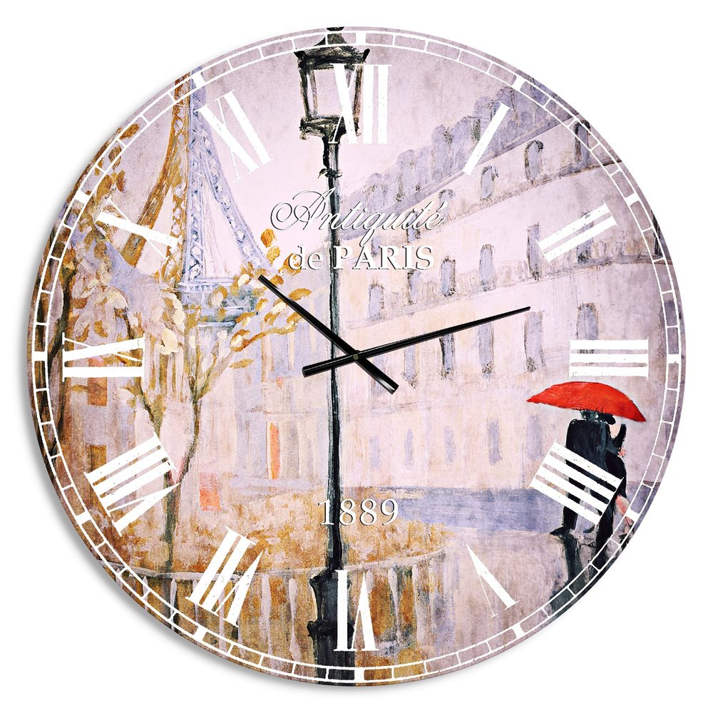 DesignQ French Country Wall Clock 'Love in Paris V' Beige Round Wall Clock for Living Room Decor