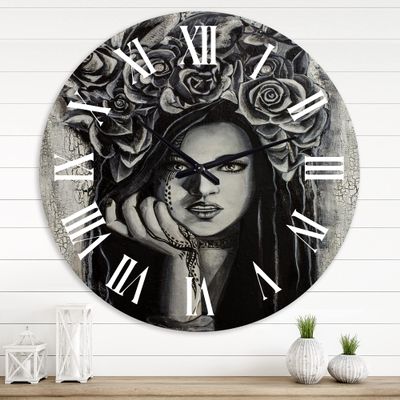 DesignQ Portrait of A Young Lady with Flowers III Modern People Wall Clock, Large Decorative Wall Clock for Home & Bedroom Dcor