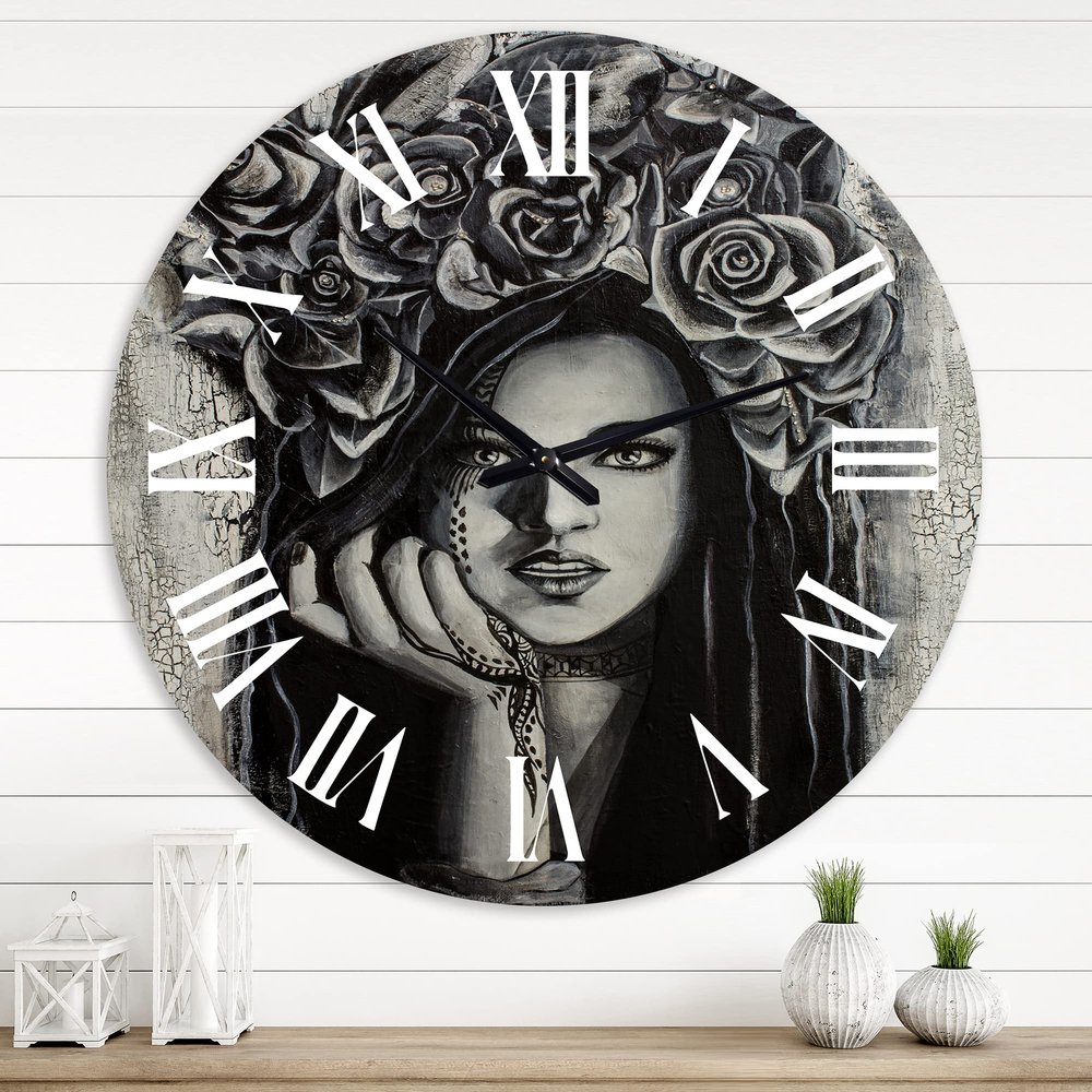 DesignQ Portrait of A Young Lady with Flowers III Modern People Wall Clock, Large Decorative Wall Clock for Home & Bedroom Dcor
