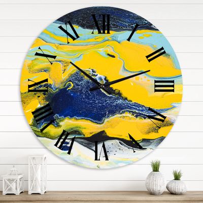 DesignQ Modern Wall Clock 'Abstract Marble Composition in Yellow and Blue I' Abstract & Fractals Large Wall Clock for Living Room Decor