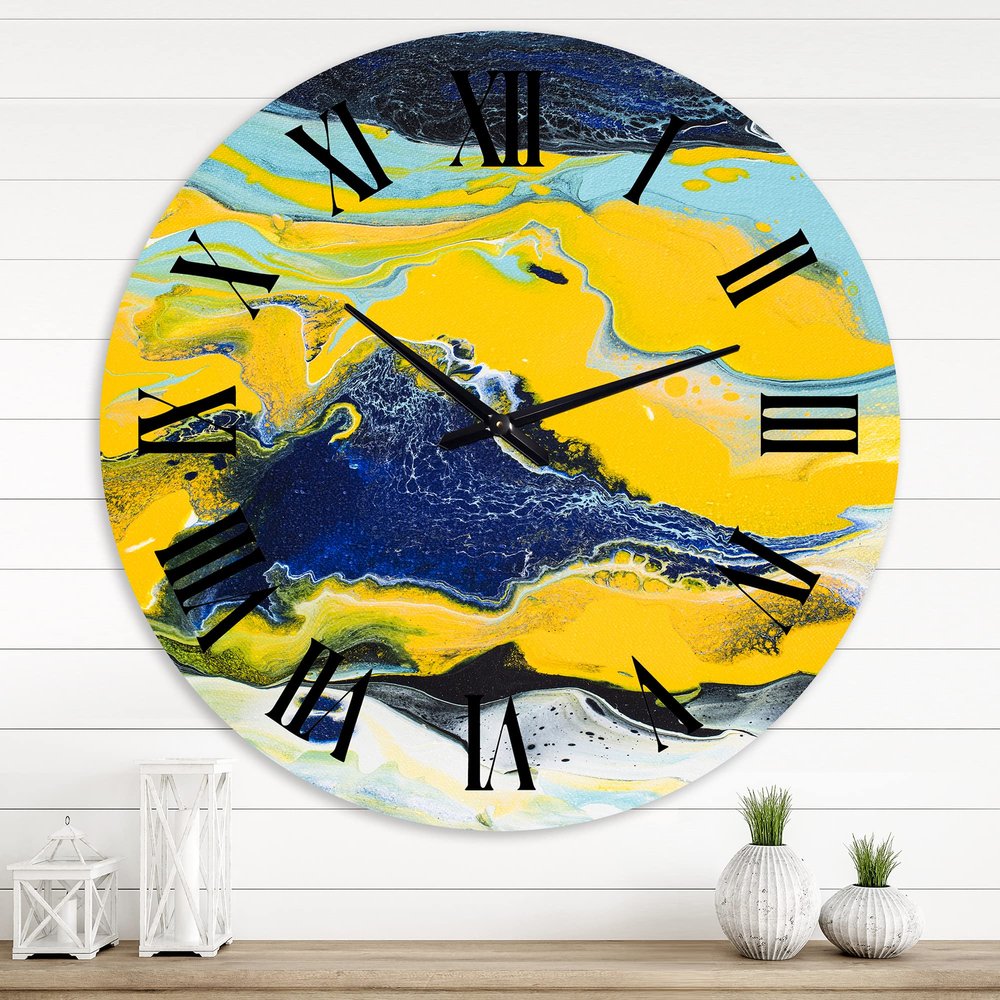 DesignQ Modern Wall Clock 'Abstract Marble Composition in Yellow and Blue I' Abstract & Fractals Large Wall Clock for Living Room Decor