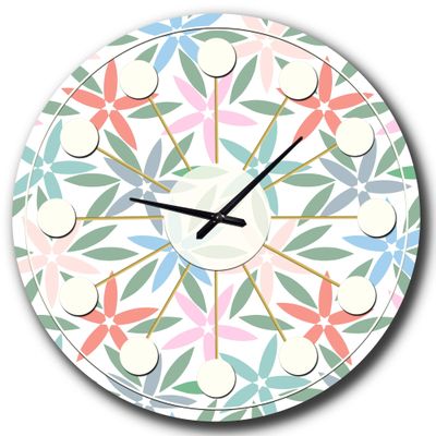 DesignQ Mid-Century Modern Wall Clock 'Retro Abstract Flower Design III' Blue Round Wall Clock for Living Room Decor