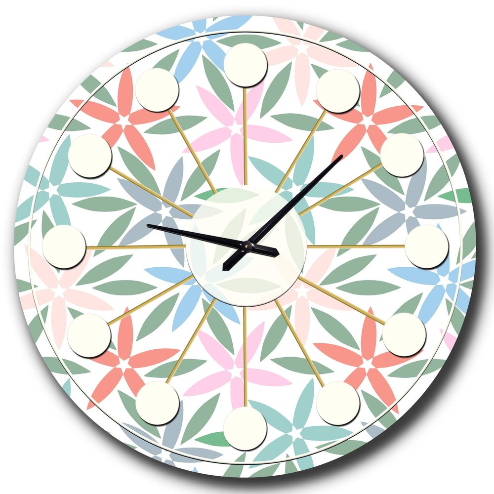 DesignQ Mid-Century Modern Wall Clock 'Retro Abstract Flower Design III' Blue Round Wall Clock for Living Room Decor