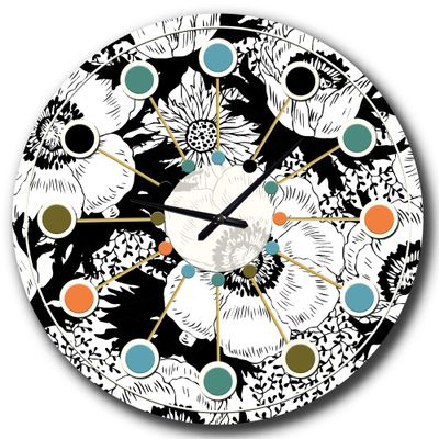 DesignQ Mid-Century Modern Wall Clock 'Retro Monochrome Flowers Pattern' Black Round Wall Clock for Home Decor