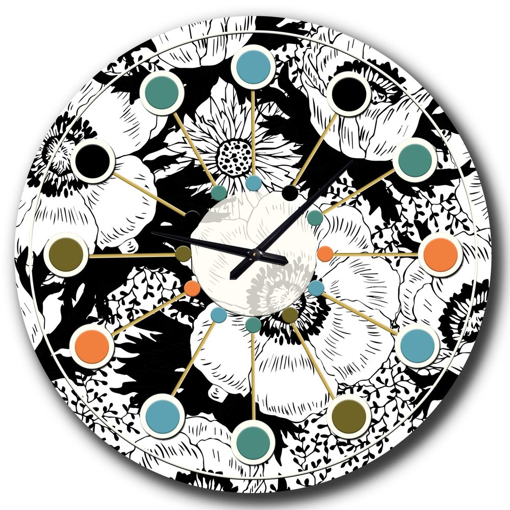 DesignQ Mid-Century Modern Wall Clock 'Retro Monochrome Flowers Pattern' Black Round Wall Clock for Home Decor