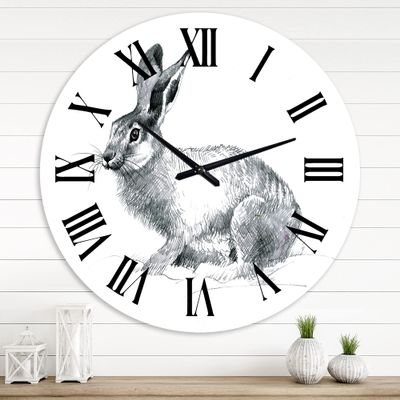 DesignQ Farmhouse Wall Clock 'Monochrome Portrait of Rabbit' Animals Large Wall Clock for Living Room Decor