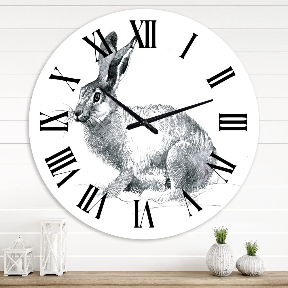 DesignQ Farmhouse Wall Clock 'Monochrome Portrait of Rabbit' Animals Large Wall Clock for Living Room Decor