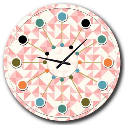 DesignQ Mid-Century Modern Wall Clock 'Abstract Geometric Pattern, Patchwork Quilting' Pink Round Wall Clock for Living Room Decor