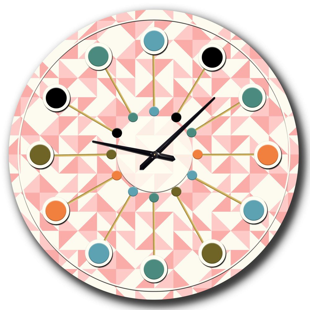 DesignQ Mid-Century Modern Wall Clock 'Abstract Geometric Pattern, Patchwork Quilting' Pink Round Wall Clock for Living Room Decor