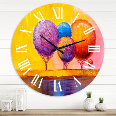 DesignQ Modern Wall Clock 'Autumn Fantasy Trees I' Landscape & Nature Large Wall Clock for Kitchen Decor