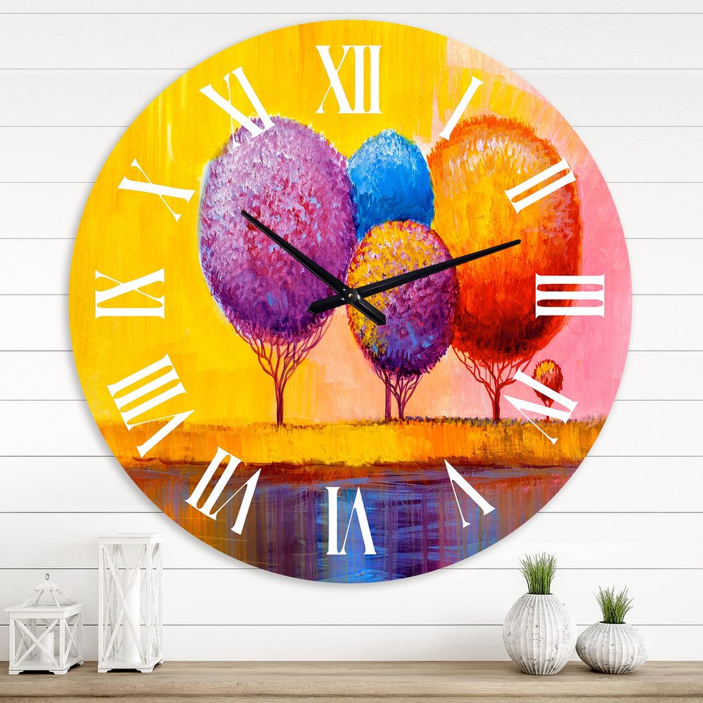 DesignQ Modern Wall Clock 'Autumn Fantasy Trees I' Landscape & Nature Large Wall Clock for Kitchen Decor