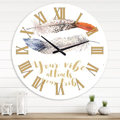 DesignQ Bohemian & Eclectic Wall Clock 'Two Feathers Your Vibe Attracts Your Tribe' Animals Large Wall Clock for Office Decor