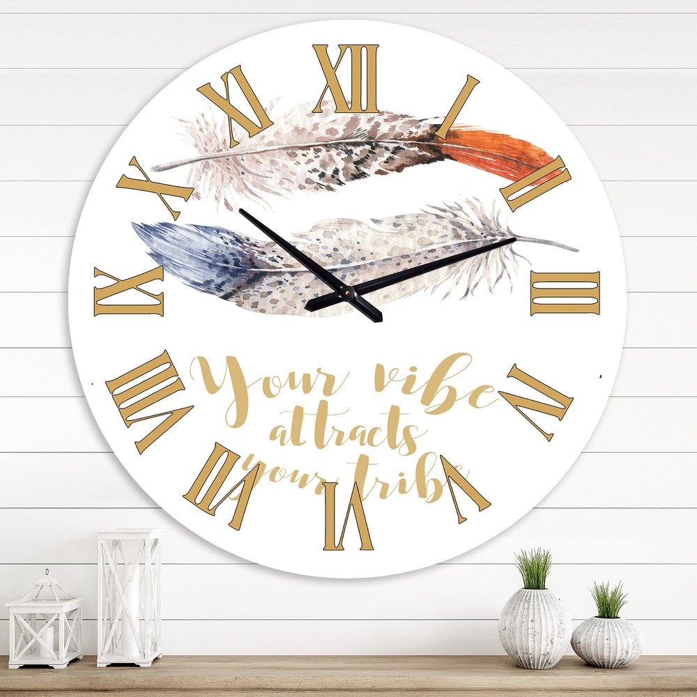 DesignQ Bohemian & Eclectic Wall Clock 'Two Feathers Your Vibe Attracts Your Tribe' Animals Large Wall Clock for Office Decor