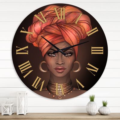 DesignQ Modern Wall Clock 'African American Woman with Turban V' People Large Wall Clock for Bedroom Decor