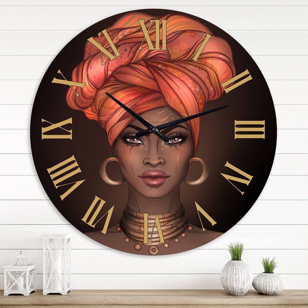 DesignQ Modern Wall Clock 'African American Woman with Turban V' People Large Wall Clock for Bedroom Decor