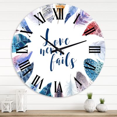 DesignQ Bohemian & Eclectic Wall Clock 'Boho Feathers with Inspiring Quote' Animals Large Wall Clock for Kitchen Decor