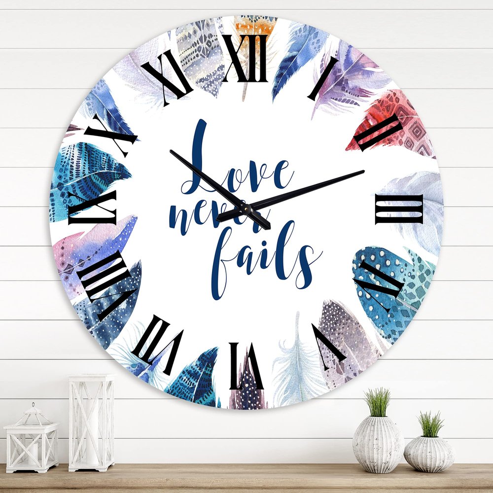 DesignQ Bohemian & Eclectic Wall Clock 'Boho Feathers with Inspiring Quote' Animals Large Wall Clock for Kitchen Decor